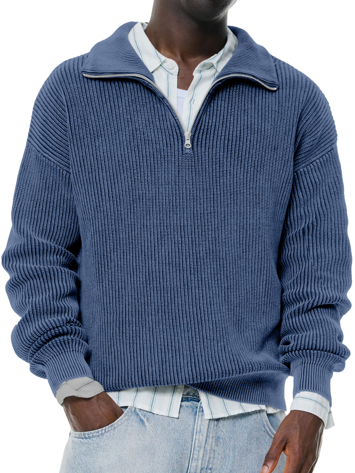 Men's Daily Casual Solid Color Knitted Stand Collar Zipper Pullover Sw