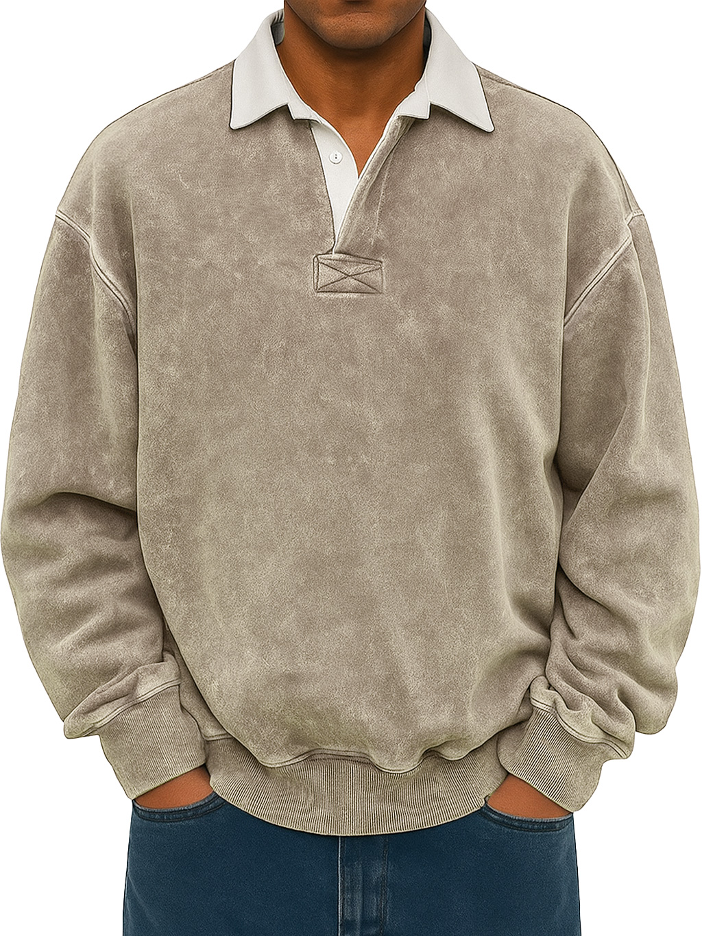 Men's Retro Lapel Button Colorblock Casual Distressed Sweatshirt