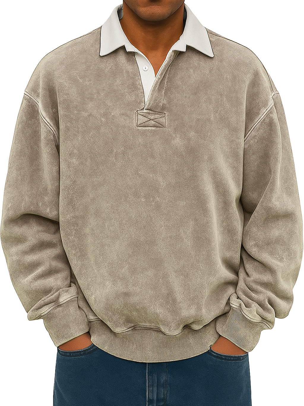 Men's Retro Lapel Button Colorblock Casual Distressed Sweatshirt