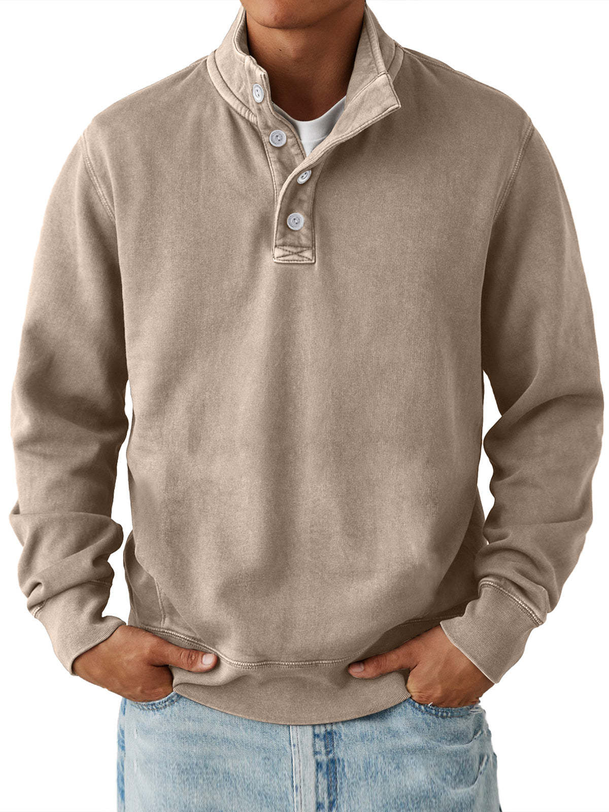 Men's Casual Stand Collar Button Solid Color Comfortable Sweatshirt