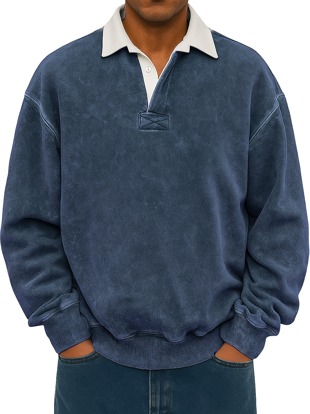 Men's Retro Lapel Button Colorblock Casual Distressed Sweatshirt