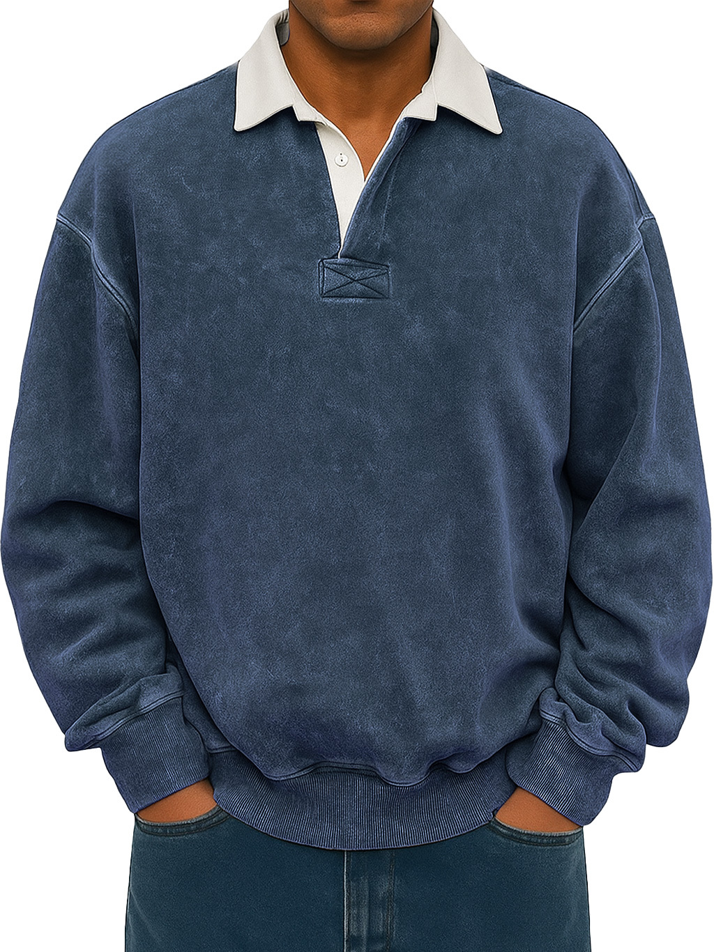 Men's Retro Lapel Button Colorblock Casual Distressed Sweatshirt