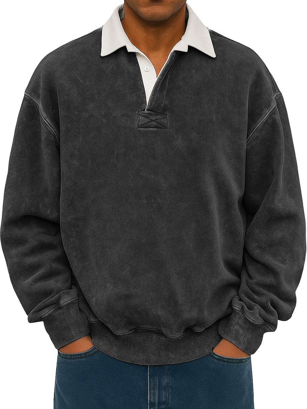 Men's Retro Lapel Button Colorblock Casual Distressed Sweatshirt