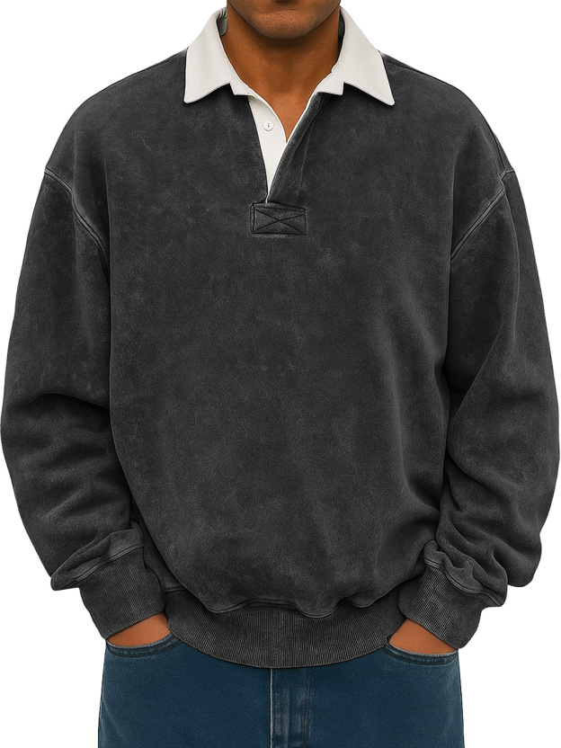 Men's Retro Lapel Button Colorblock Casual Distressed Sweatshirt