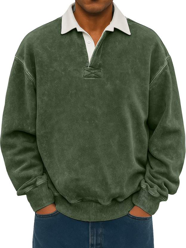 Men's Retro Lapel Button Colorblock Casual Distressed Sweatshirt