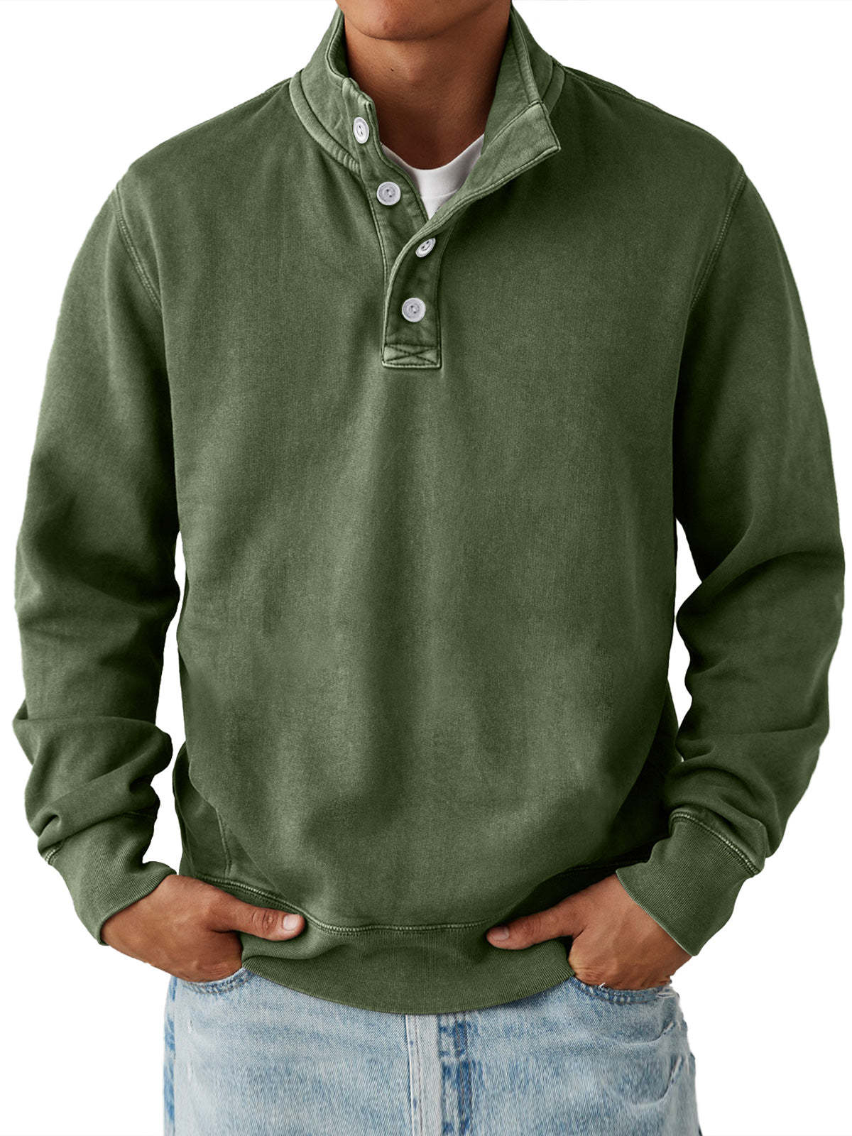 Men's Casual Stand Collar Button Solid Color Comfortable Sweatshirt