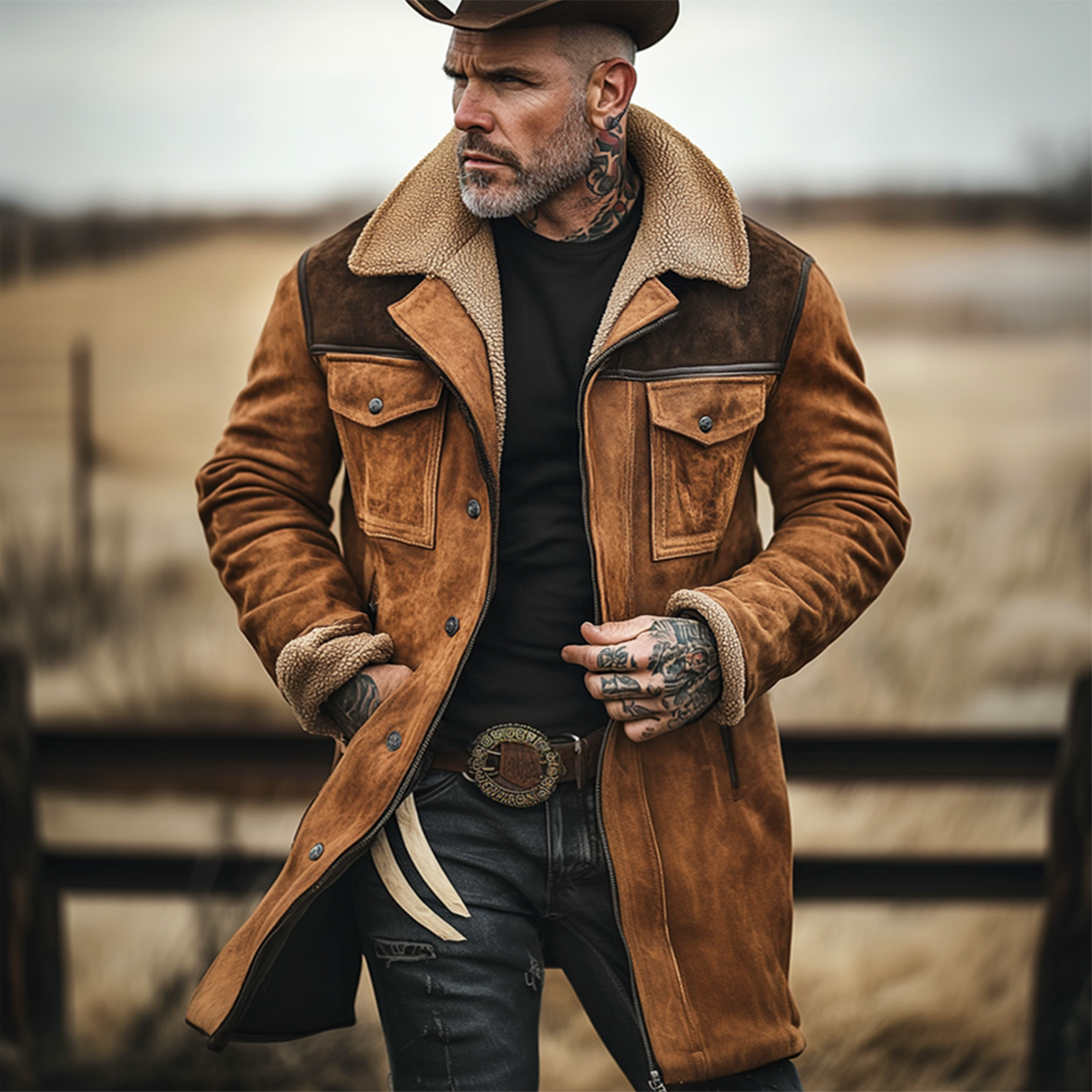 Série Yellowstone - Veste d'extérieur multi-poches en daim vintage patchwork polaire d'agneau pour homme, col inversé