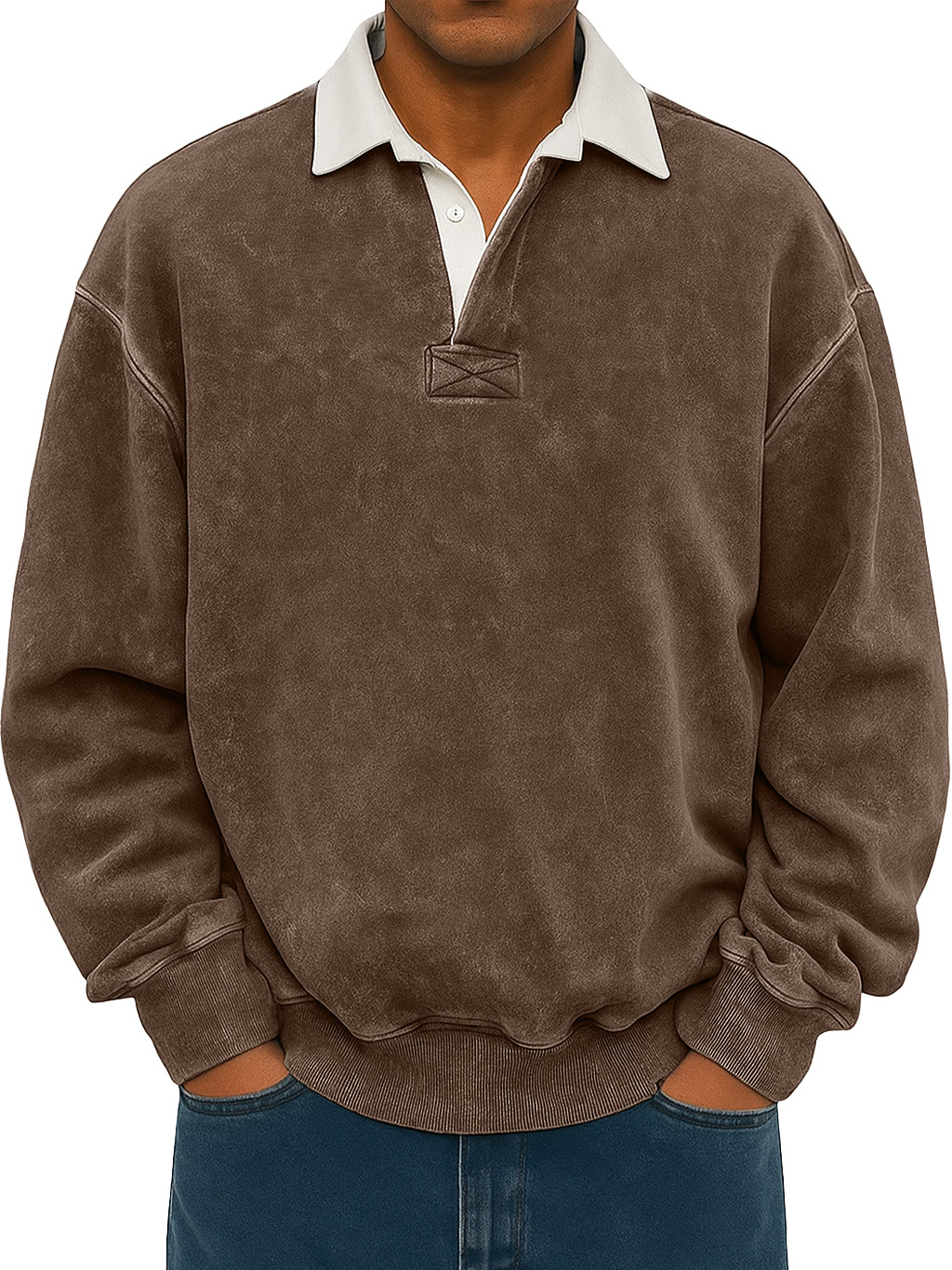 Men's Retro Lapel Button Colorblock Casual Distressed Sweatshirt