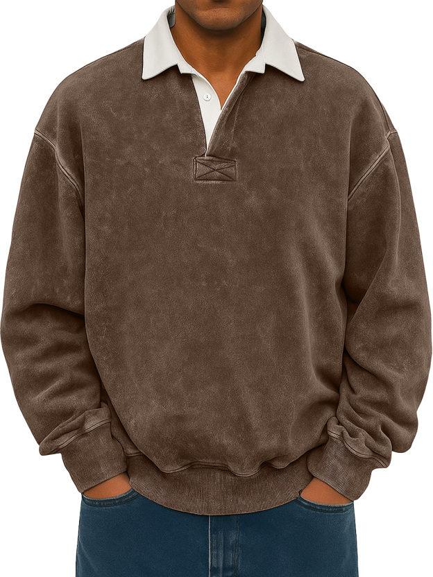 Men's Retro Lapel Button Colorblock Casual Distressed Sweatshirt