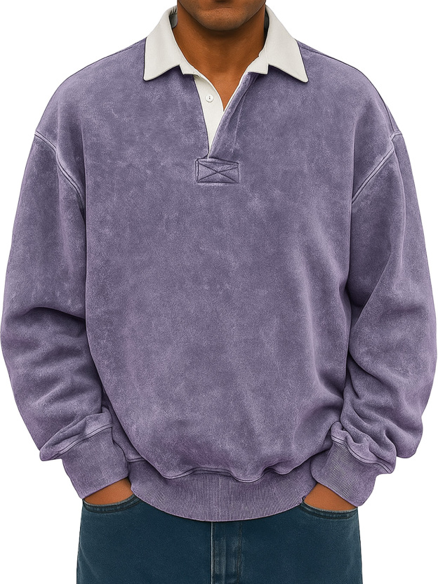 Men's Retro Lapel Button Colorblock Casual Distressed Sweatshirt