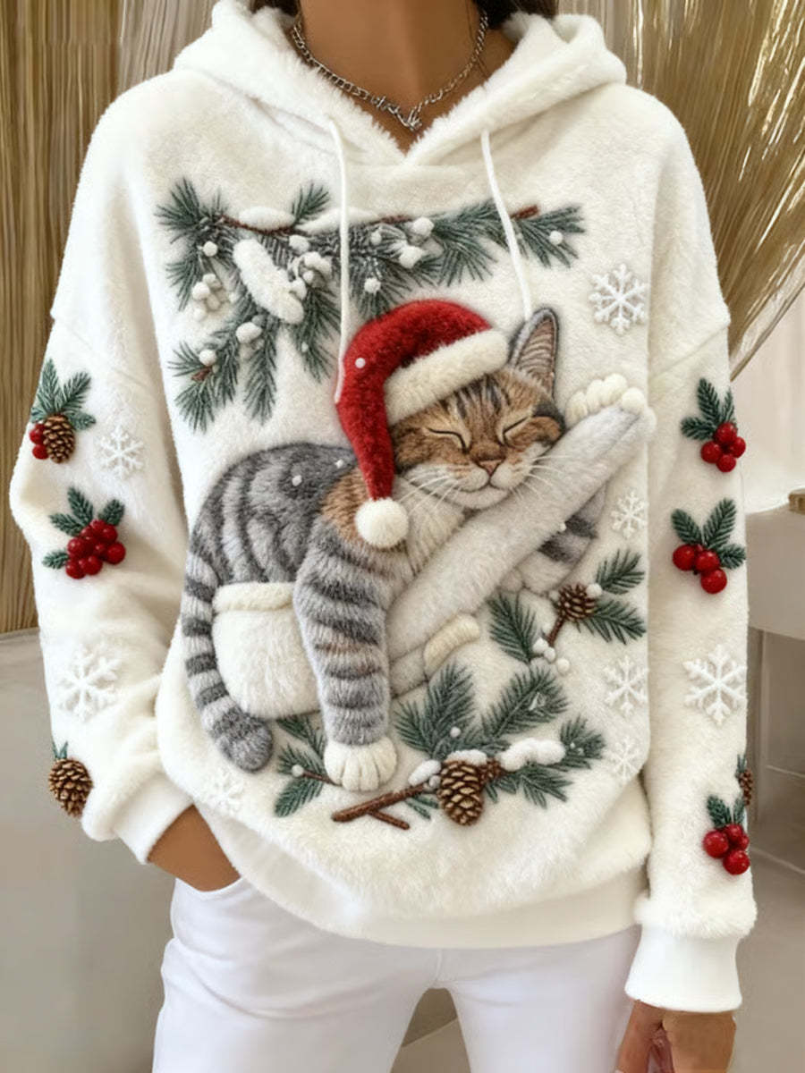 Women's Cute Christmas Cat Art Print Casual Flannel Hoodie