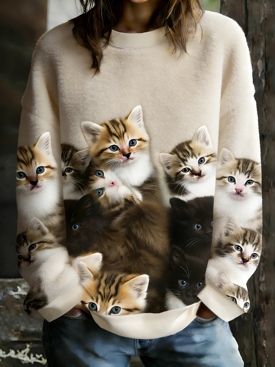 Women's Cat Art Print Flannel Sweatshirt