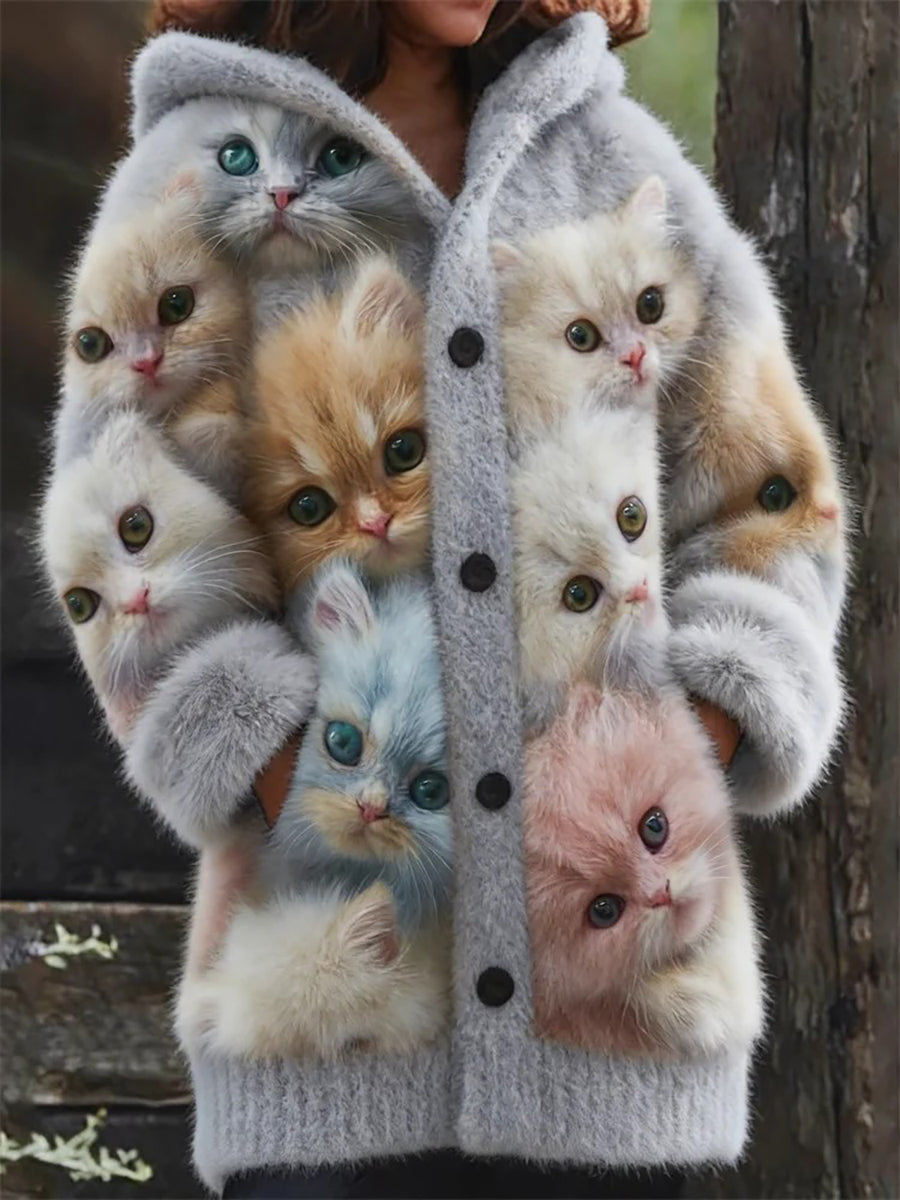 Women's Flannel Cute Cats Print Coats