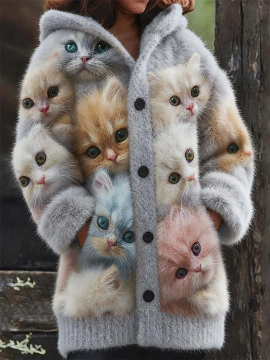 Women's Flannel Cute Cats Print Coats