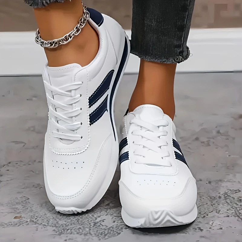 Damskie, lekkie, modne trampki, wygodne, antypoślizgowe, sznurowane buty sportowe z amortyzowaną wkładką, białe, dopasowane, Eva Low, odpowiednie do noszenia przez cały dzień, codzienne buty sportowe, niskie trampki, sznurowane detale 0
