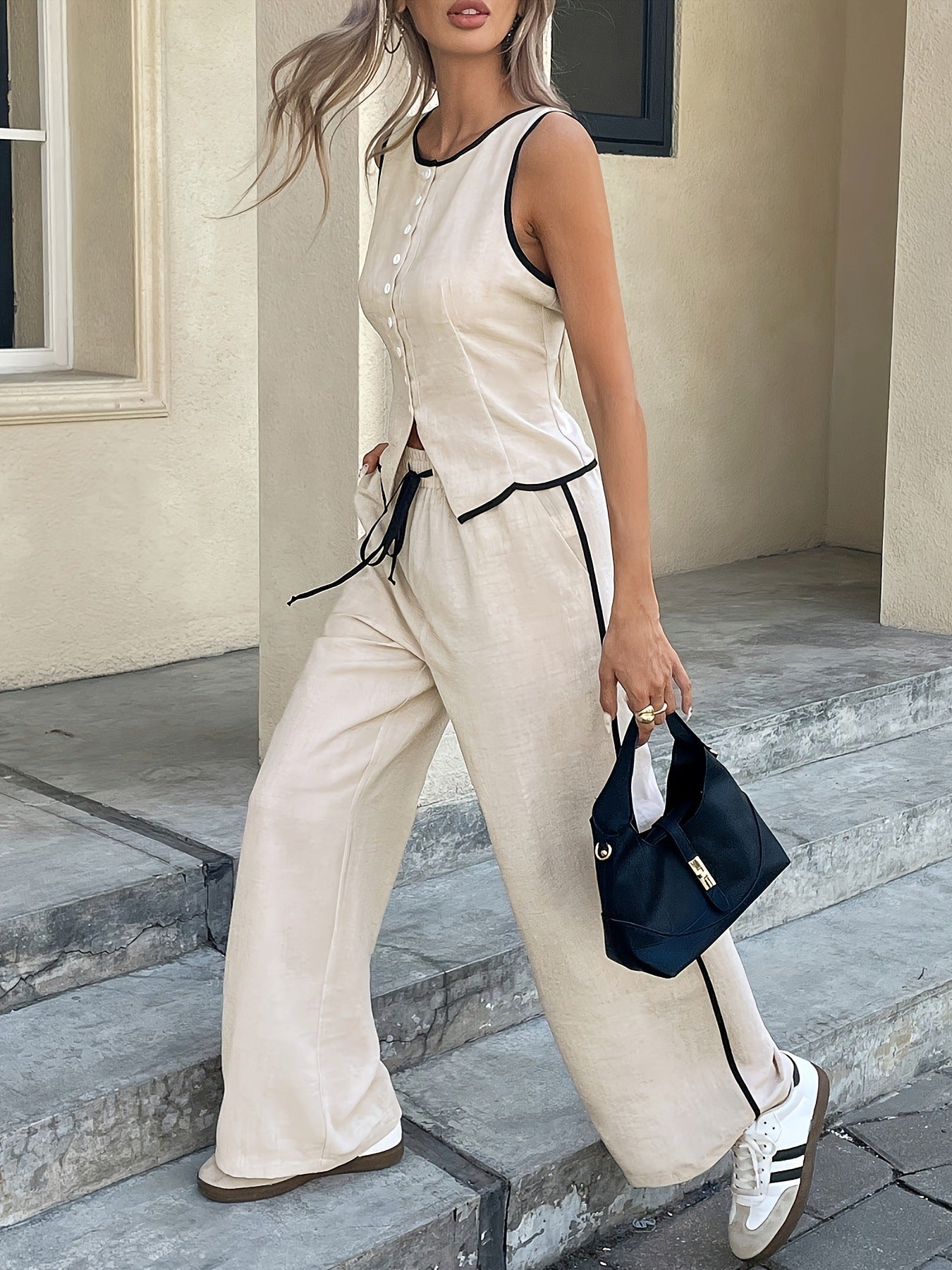 🔥Hot Sale 50% Off🔥Women's Contrast Binding Sleeveless Tank & Drawstring Waist Pants Two-piece Set