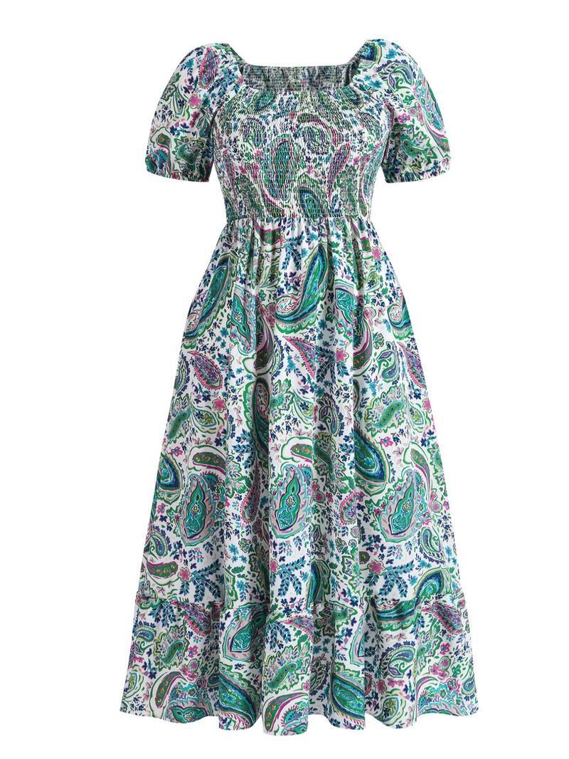 Frenchy Style Ditsy Floral Print Puff Sleeve A Line Maxi Dress, Square Neck Shirred Dress