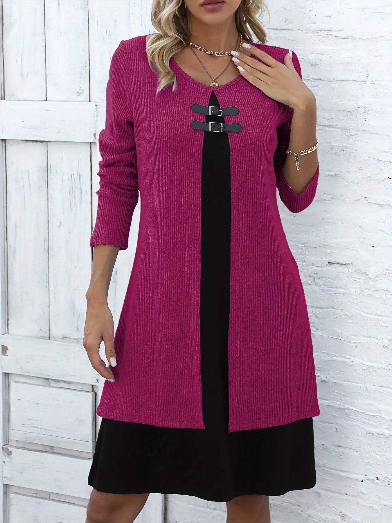 Women's Elegant Fake Two-Piece Long Sleeve Round Neck Dress