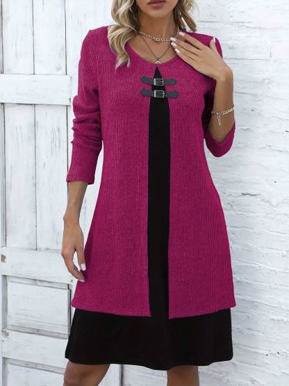 Women's Elegant Fake Two-Piece Long Sleeve Round Neck Dress