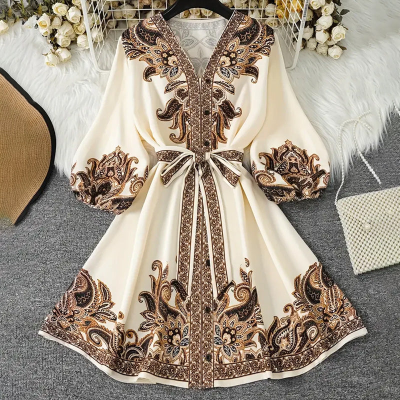 🔥👗【 S-2xl】 Women's Printed Tie V-Nursery Dress