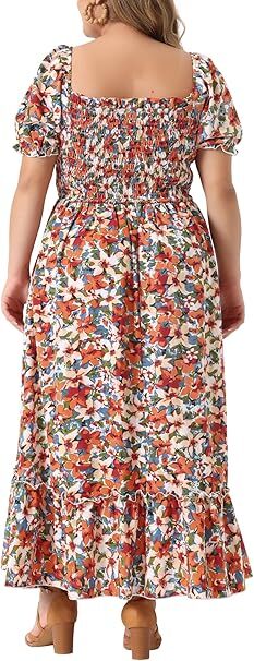 Frenchy Style Ditsy Floral Print Puff Sleeve A Line Maxi Dress, Square Neck Shirred Dress