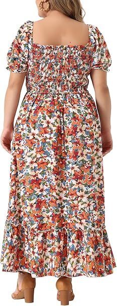 Frenchy Style Ditsy Floral Print Puff Sleeve A Line Maxi Dress, Square Neck Shirred Dress