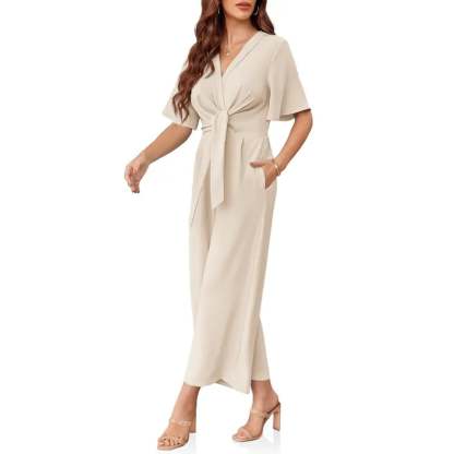 Womens Wide Leg Jumpsuits Short Sleeve V Neck Tie Knot High Waist Summer Long Romper
