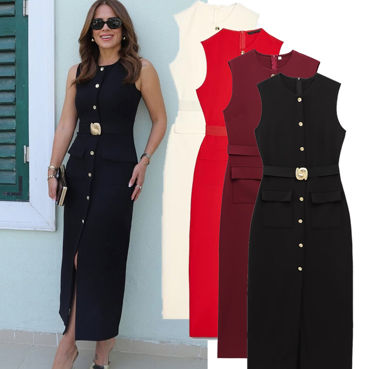 Round Neck Belt Sexy Sleeveless Midi Dress