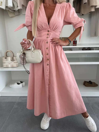 Button Front V-Neck Half Sleeve Denim Dress