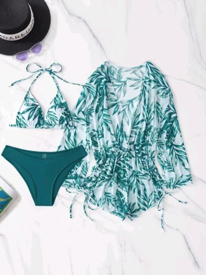 GEOMETRIC PRINT HALTER BIKINI SWIMSUIT & COVER UP 3 PIECE SET