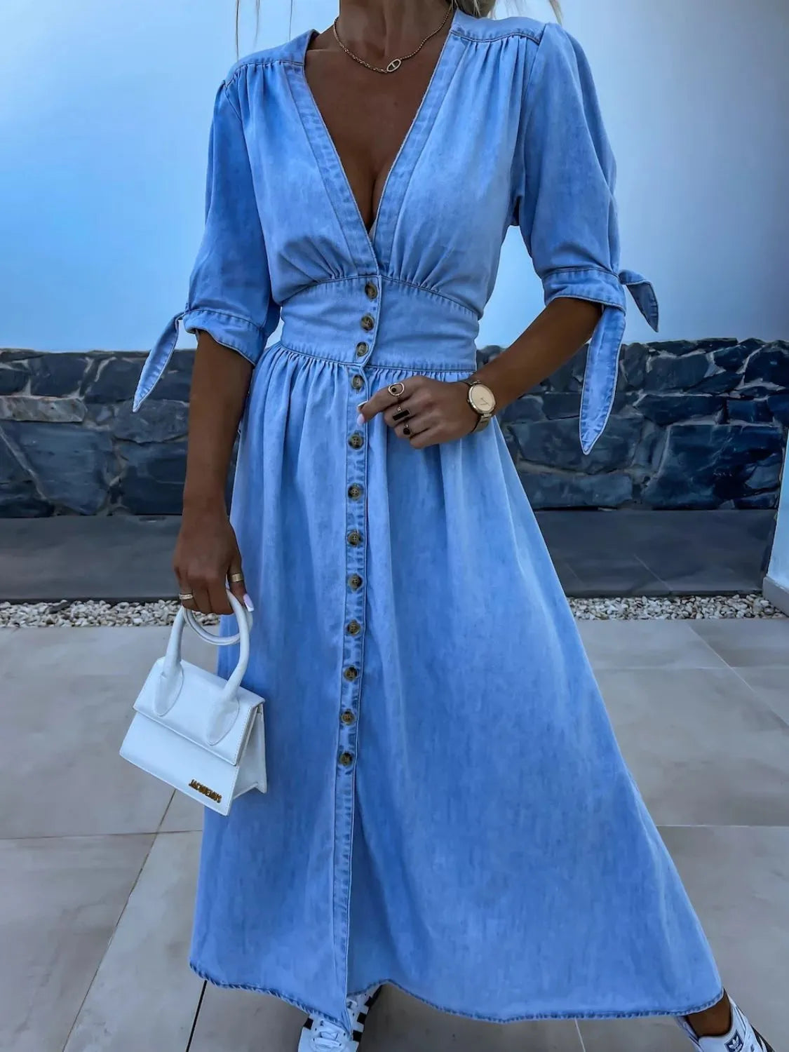 Button Front V-Neck Half Sleeve Denim Dress