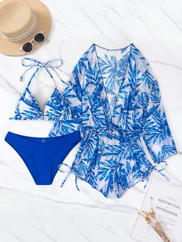GEOMETRIC PRINT HALTER BIKINI SWIMSUIT & COVER UP 3 PIECE SET