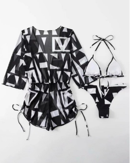 GEOMETRIC PRINT HALTER BIKINI SWIMSUIT & COVER UP 3 PIECE SET