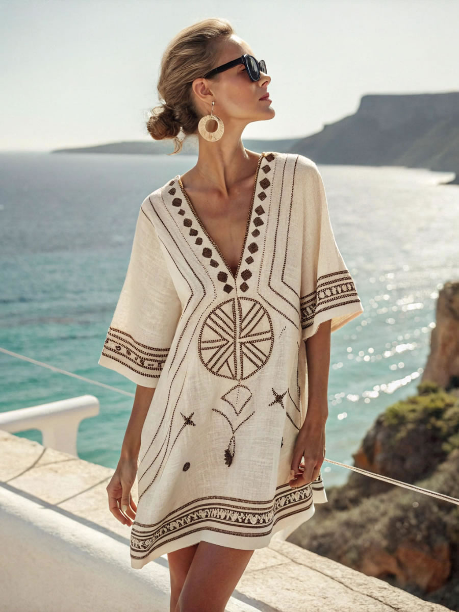 Ladies' V-neck Printed Casual Loose Fit Dress