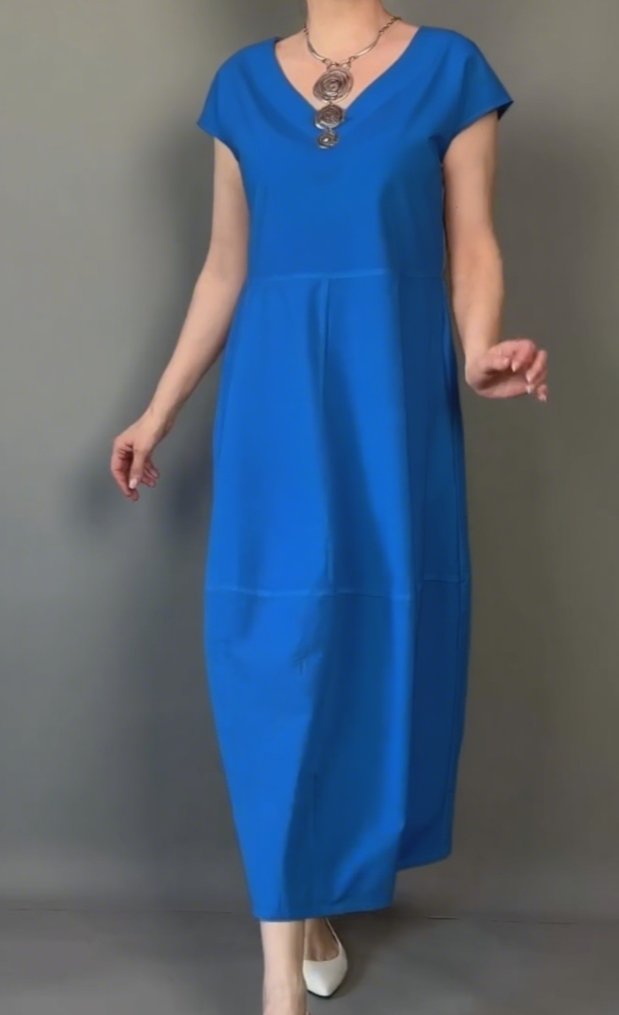 V-neck solid color stitching casual loose cotton dress