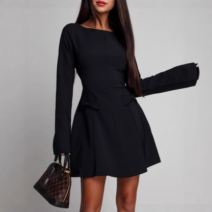 Round Neck Elegant Bow Waist Slimming Long-Sleeved Mini Dress