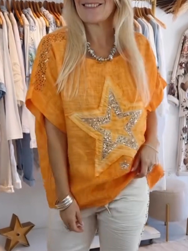 Women Round Neck Star Glitter Pattern Casual Top