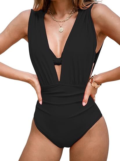 🏖️Last Day Special Sale 50% OFF🩱Deep Plunge Ruched Swimsuit with Halter Bra Two-Piece