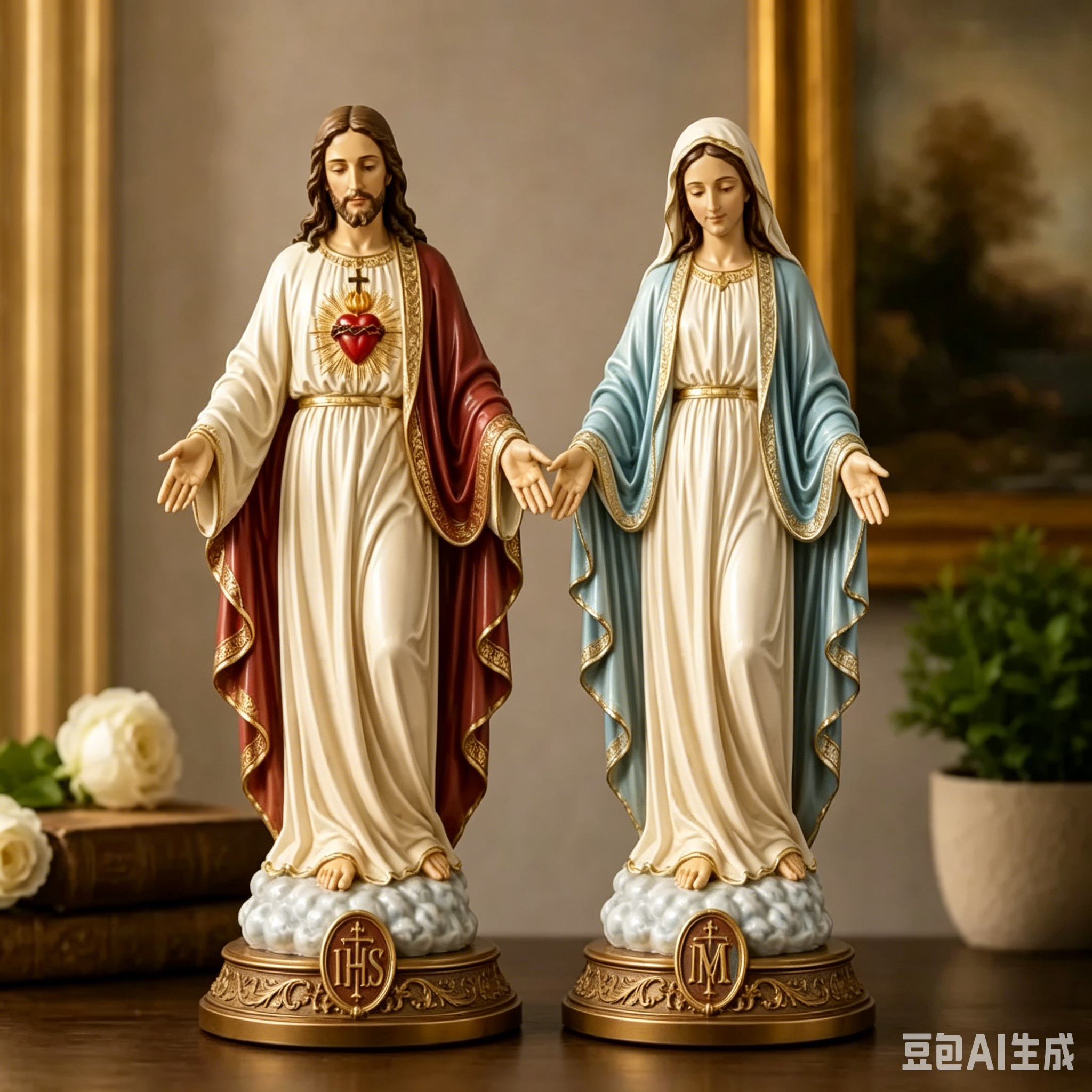✝️ Sacred Heart & Blessed Mother Religious Statue Set – Elegant Christian Home Décor