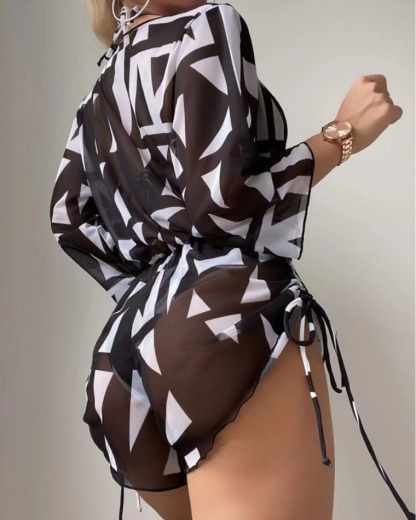 GEOMETRIC PRINT HALTER BIKINI SWIMSUIT & COVER UP 3 PIECE SET