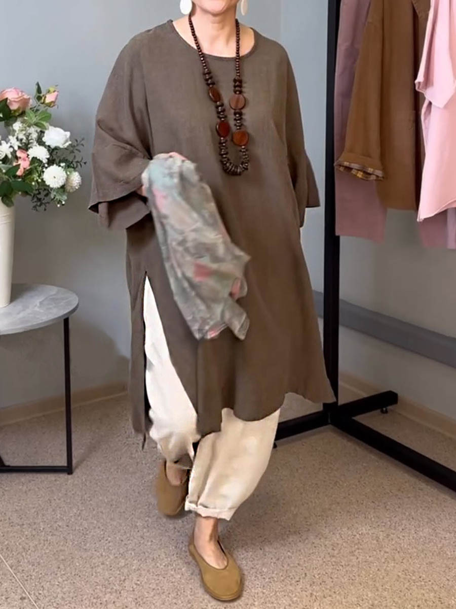 Damska jednolita bluzka z okrągłym dekoltem, 3/4 rękawami, casualowa, 