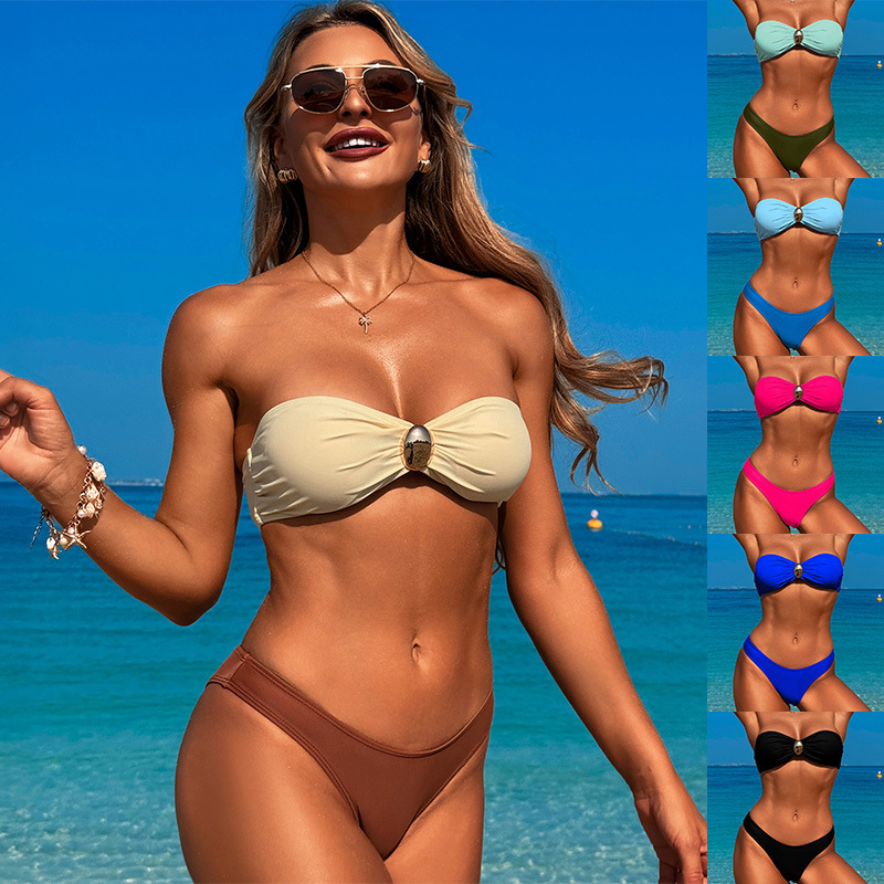 🔥2025 HOT SALE💃✨3 Piece Solid Color Loose Metal Buckle bikini With Beach Pants