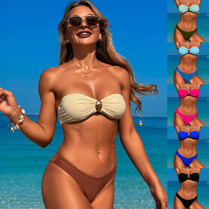 🔥2025 HOT SALE💃✨3 Piece Solid Color Loose Metal Buckle bikini With Beach Pants