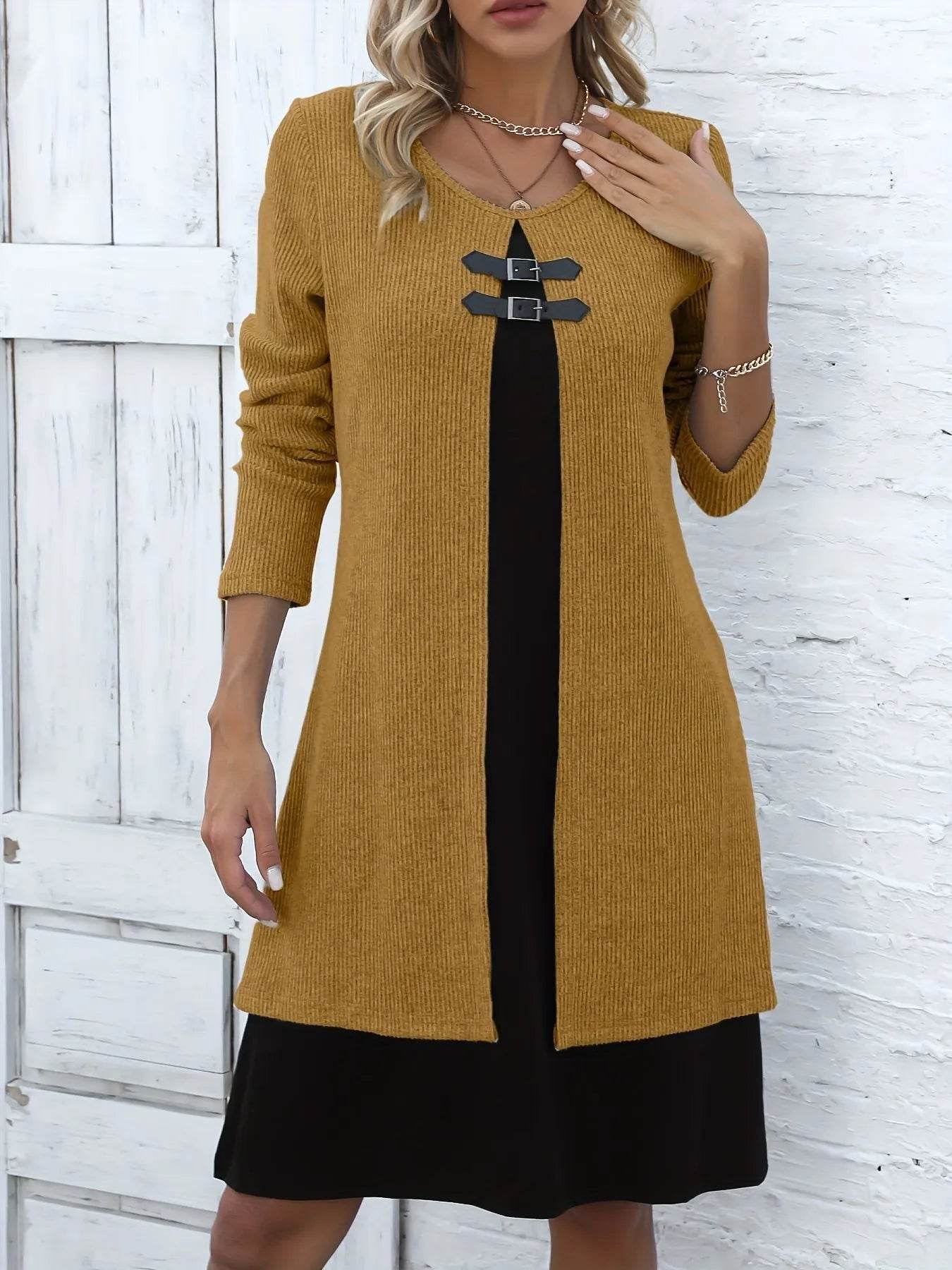 Women's Elegant Fake Two-Piece Long Sleeve Round Neck Dress