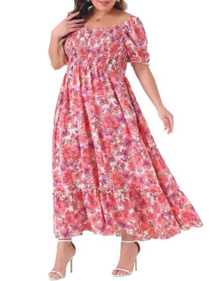 Women's Plus Size Square Neck Short Sleeve Smocked Boho Floral Maxi Dresses