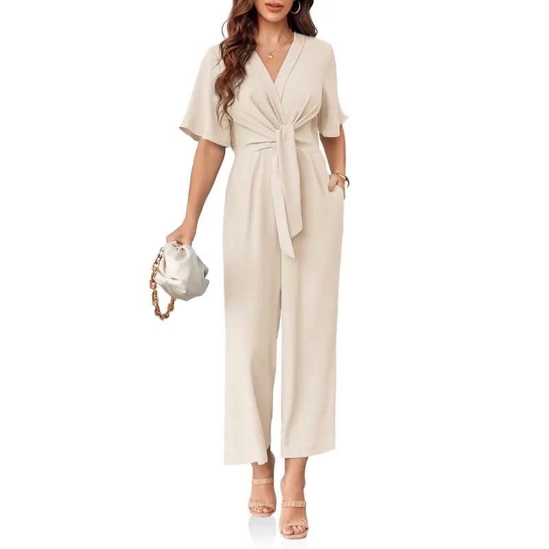 Womens Wide Leg Jumpsuits Short Sleeve V Neck Tie Knot High Waist Summer Long Romper