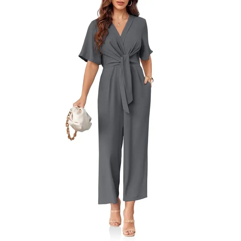Womens Wide Leg Jumpsuits Short Sleeve V Neck Tie Knot High Waist Summer Long Romper