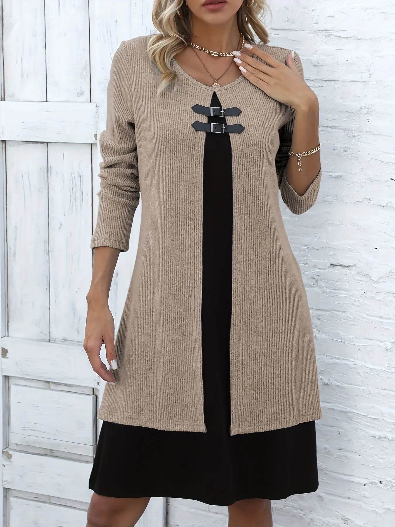 Women's Elegant Fake Two-Piece Long Sleeve Round Neck Dress