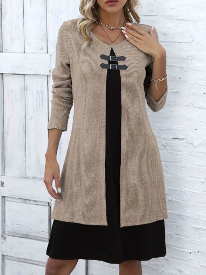 Women's Elegant Fake Two-Piece Long Sleeve Round Neck Dress