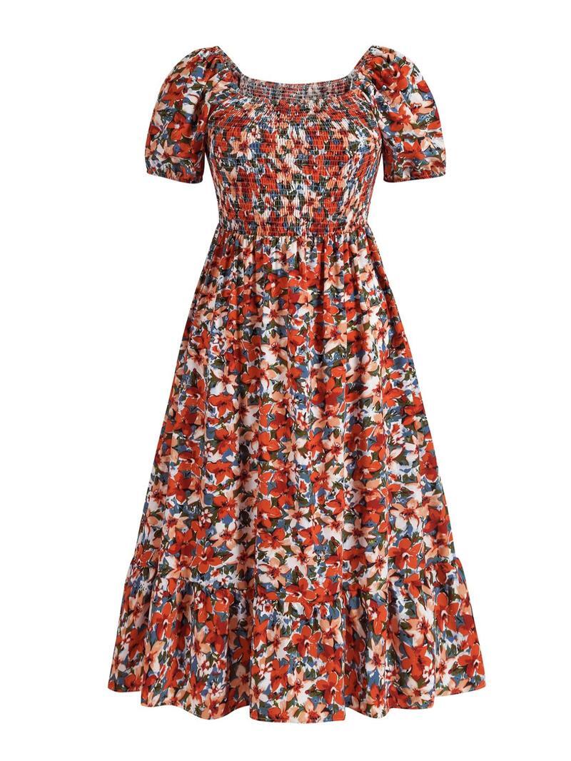Frenchy Style Ditsy Floral Print Puff Sleeve A Line Maxi Dress, Square Neck Shirred Dress